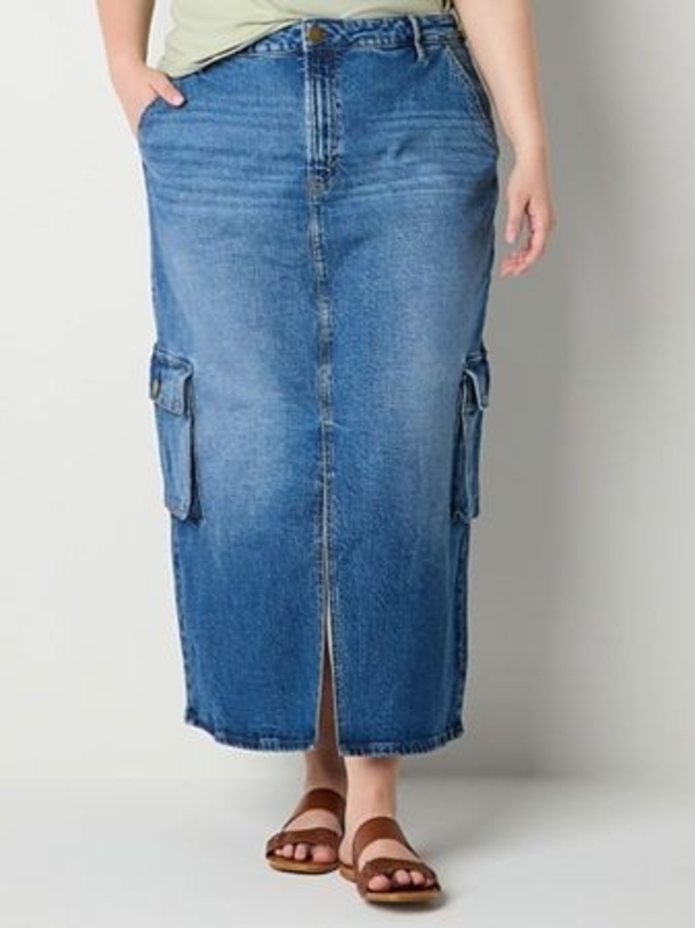 a.n.a Medium Blue Denim Maxi Skirt with Cargo Pockets